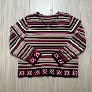 Villager Sport by Liz Claiborne v-neck striped pull over sweater crochet flowers